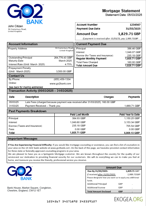 Relevé hypothécaire de la banque GO2 du Royaume , Uni aux formats Word et PDF